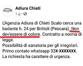AGENZIA LAVORO CHIETI, ”CERCASI BADANTE, MA NON DI COLORE”;  ANPI ”SI PUO’ DIRE CHE QUESTO E’ RAZZISMO?”