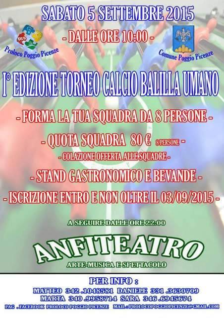 POGGIO PICENZE: IL 5 SETTEMBRE CALCIO BALILLA UMANO, POI DISCOTECA