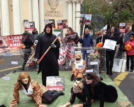 PROTESTE ANIMALISTI AL BIOPARCO  ROMA, CAPORALE VESTITO DA MORTE