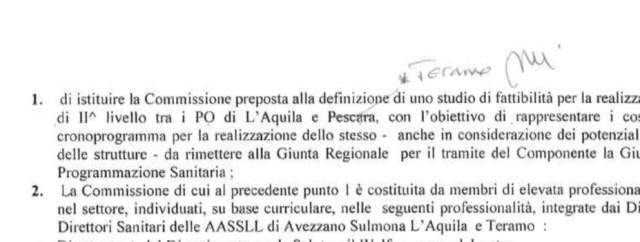 OSPEDALE L’AQUILA-TERAMO, AUTOGOL: LA GIUNTA SBAGLIA DELIBERA E SCRIVE PESCARA!