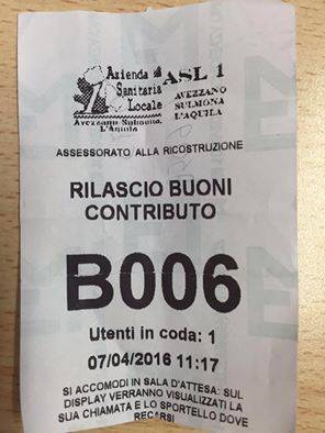 L’AQUILA: IMPAZZISCE ELIMINACODE, UFFICIO RICOSTRUZIONE SCAMBIATO PER ASL