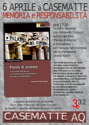 GRANDI RISCHI: IL 6 APRILE LA PRESENTAZIONE DEL LIBRO DI CICCOZZI