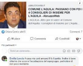 L’AQUILA: MARETTA IN CASA FDI, LANCIA AVVERTE EX DI ”INSIEME”, ”CERTI ANNUNCI LI FA IL PARTITO”