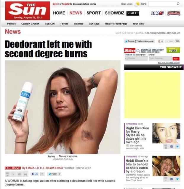 LONDRA: DEODORANTE SPRAY LE USTIONA LE ASCELLE, ”DOLORE FORTISSIMO”