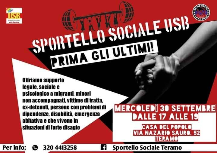 TERAMO, IL 30 SETTEMBRE RIAPRE SPORTELLO SOCIALE USB