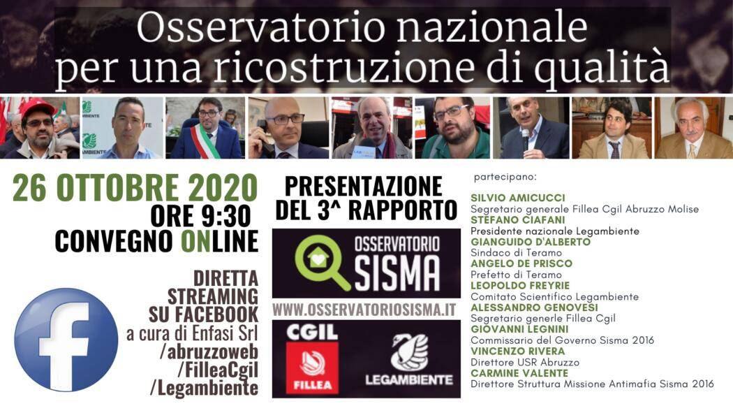 OSSERVATORIO SISMA 2016: TERZO RAPPORTO SICUREZZA E LEGALITÀ RICOSTRUZIONE, IN STREAMING CONVEGNO FILLEA CGIL E LEGAMBIENTE