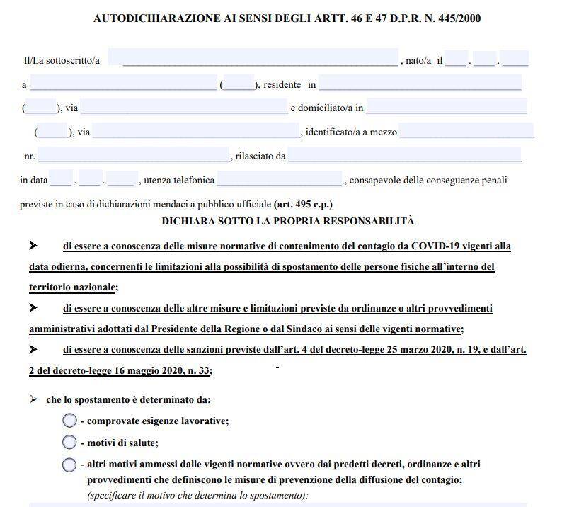 COVID: CON NUOVO DPCM TORNA AUTOCERTIFICAZIONE IN TUTTA ITALIA