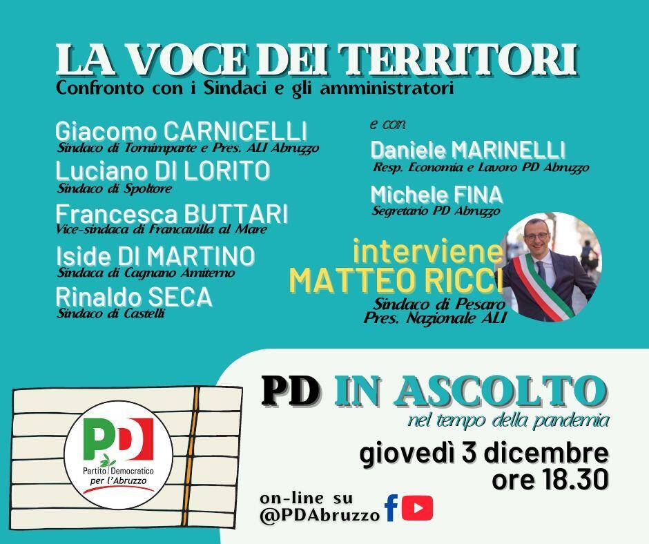 LA VOCE DEI TERRITORI: GIOVEDI’ 3 DICEMBRE AL VIA CICLO DI INCONTRI DEL PD