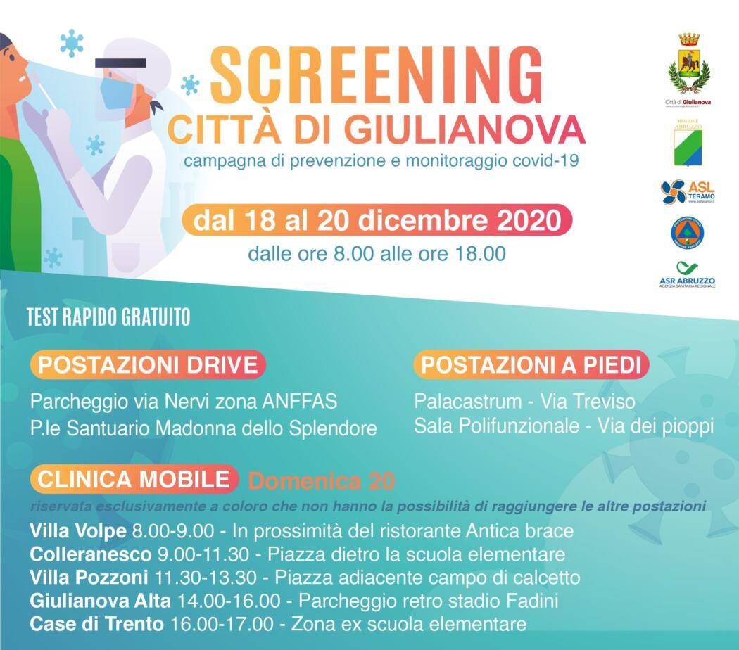 GIULIANOVA, SCREENING DI MASSA: GIORNI, ORARI E POSTAZIONI DI PRELIEVO