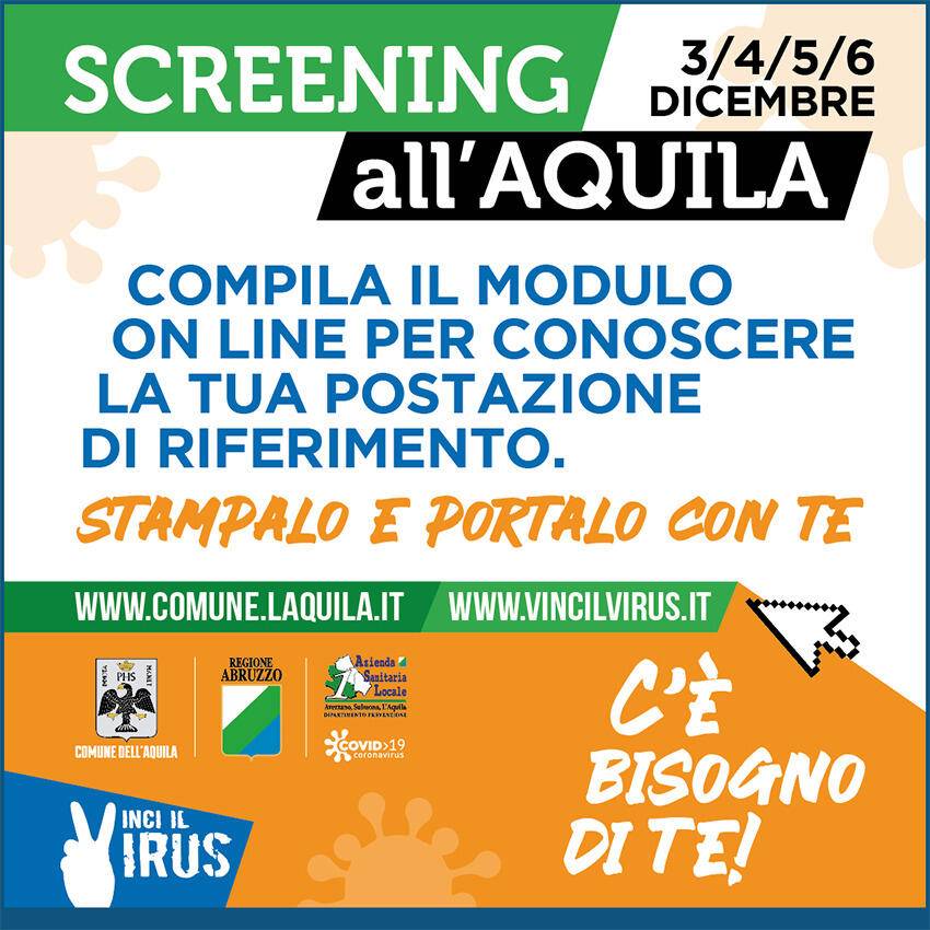 SCREENING DI MASSA L’AQUILA: ONLINE SUL SITO DEL COMUNE MODULO PER CONOSCERE POSTAZIONI