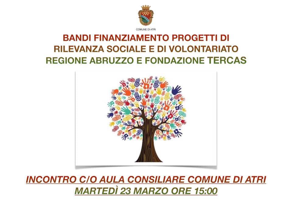 BANDI FINANZIAMENTO PROGETTI RILEVANZA SOCIALE, COMUNE ATRI INCONTRA ASSOCIAZIONI