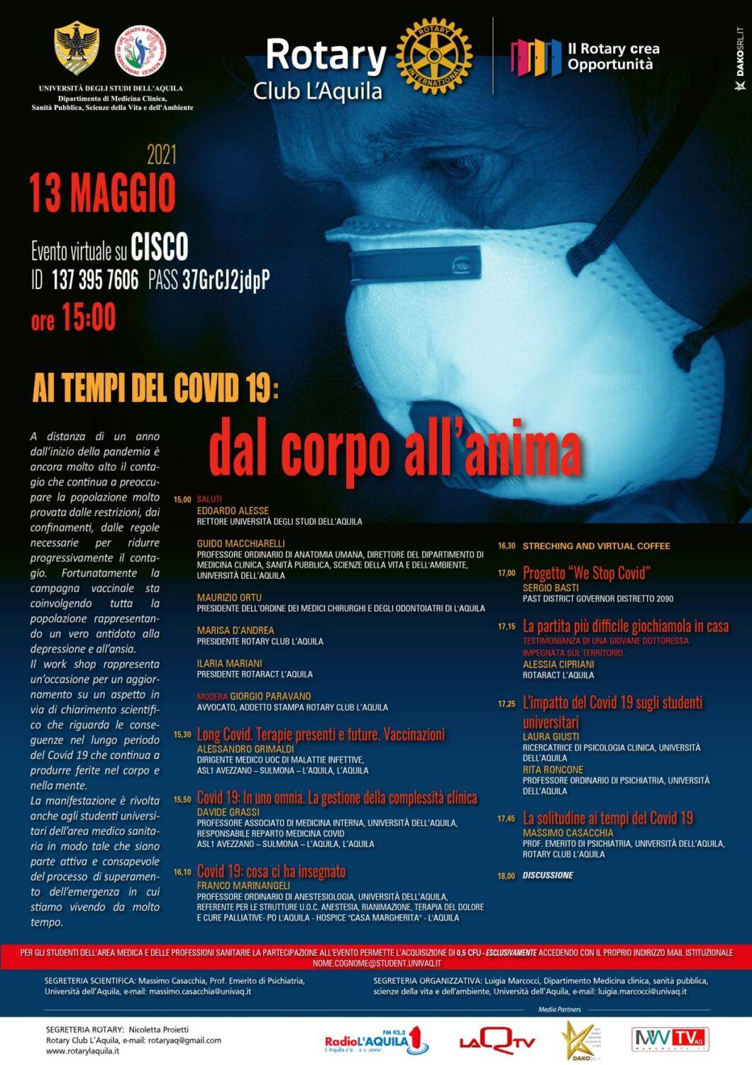 “AI TEMPI DEL COVID 19: DAL CORPO ALL’ANIMA”, WORKSHOP A DISTANZA DI UNIVAQ E ROTARY L’AQUILA