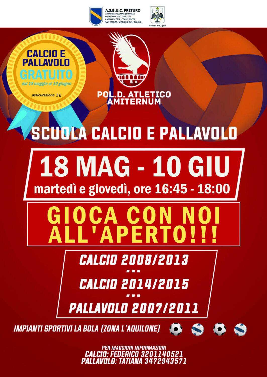 L’AQUILA, ATLETICO AMITERNUM: UN MESE DI SCUOLA CALCIO E PALLAVOLO GRATIS PER I BAMBINI