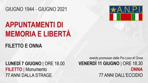 STRAGI ONNA E FILETTO, GLI APPUNTAMENTI DELL’ANPI PER IL 77ESIMO ANNIVERSARIO
