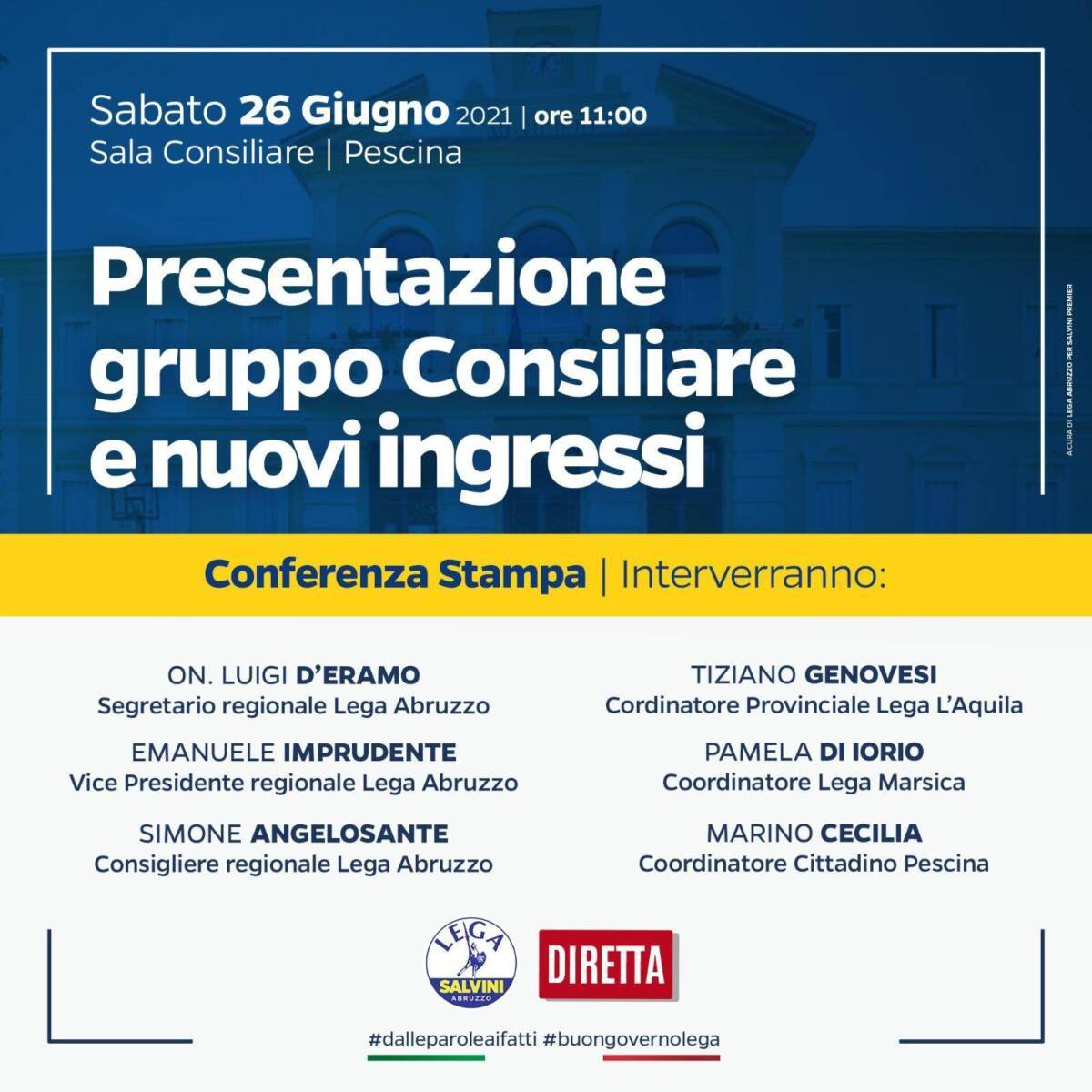 PESCINA, PRESENTAZIONE GRUPPO CONSILIARE E NUOVI INGRESSI: CONFERENZA STAMPA GRUPPO LEGA IN DIRETTA
