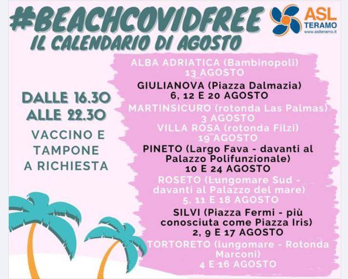 “BEACH COVID FREE”, NUOVO CALENDARIO ASL TERAMO PER TAMPONI E VACCINI SULLA COSTA