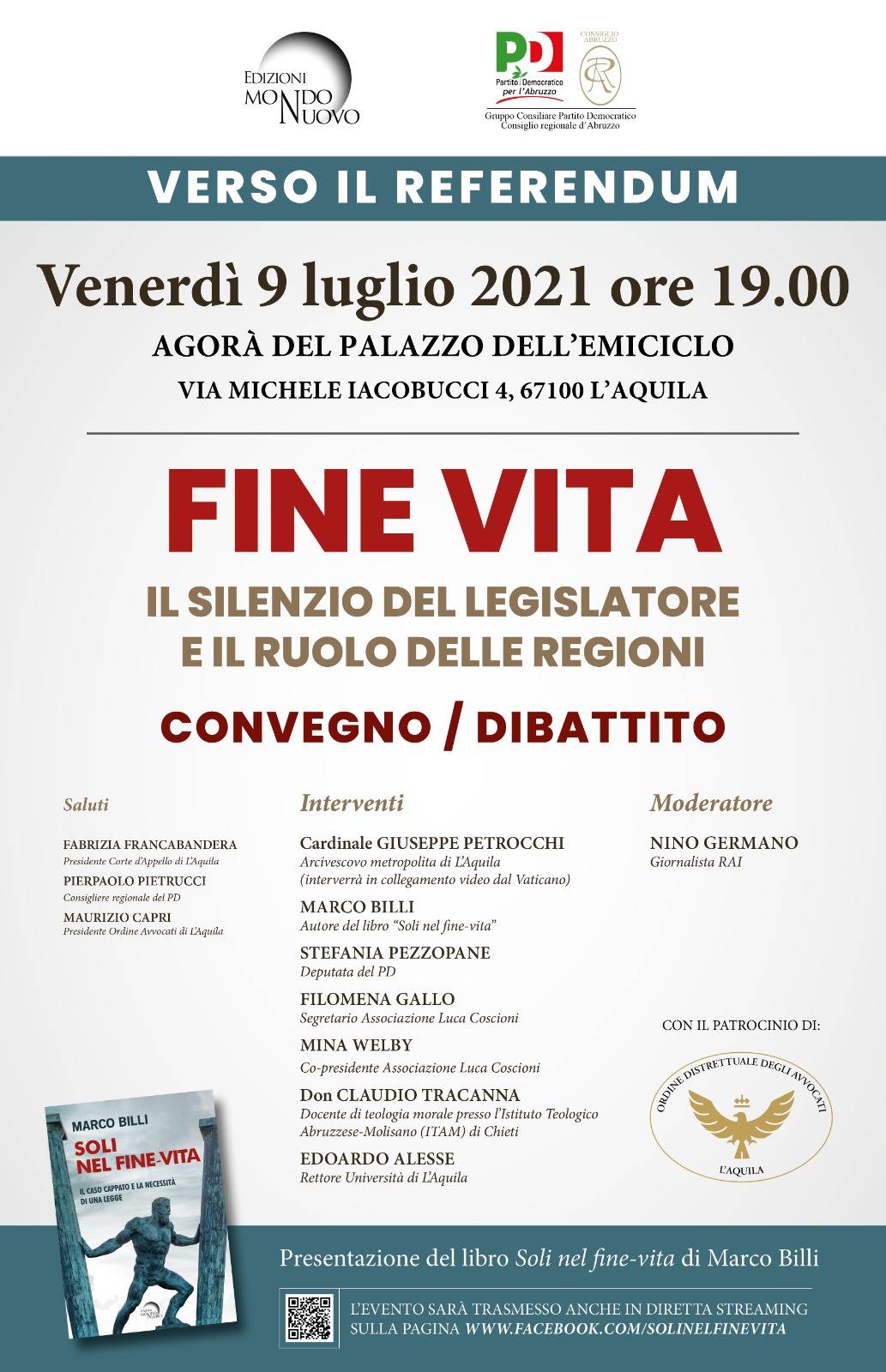 EUTANASIA, CONVEGNO A L’AQUILA: NEL PARTERRE CHIESA, MAGISTRATURA E ASSOCIAZIONE “LUCA COSCIONI”