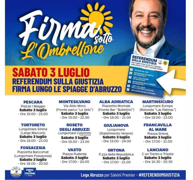 LEGA: IN ABRUZZO IL 3 E 4 LUGLIO 27 GAZEBO PER RACCOLTA FIRME REFERENDUM SULLA GIUSTIZIA