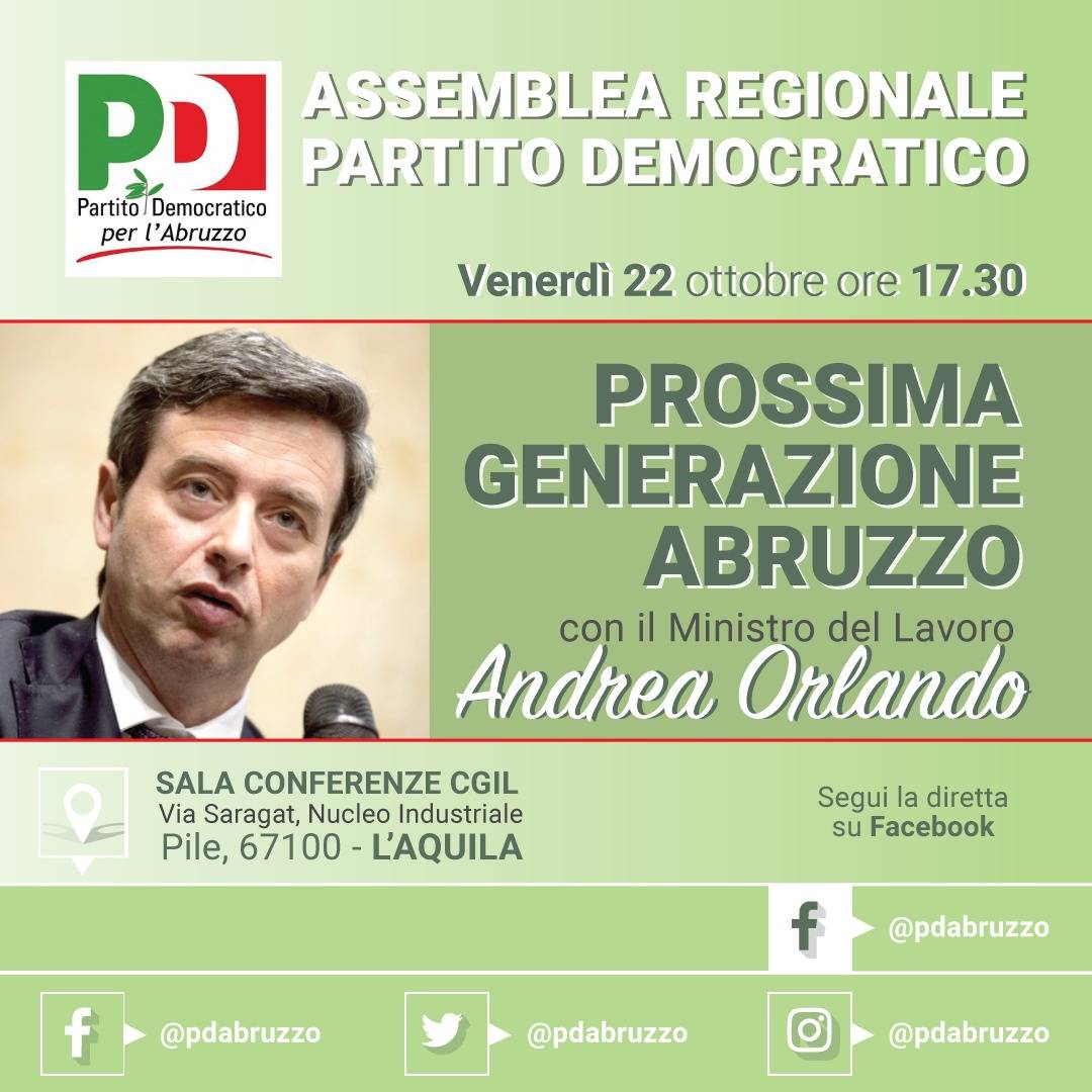 PD ABRUZZO, IL 22 OTTOBRE ASSEMBLEA CON MINISTRO ORLANDO; FINA, “PASSAGGIO IMPORTANTE”