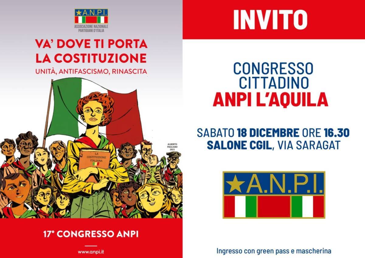 L’AQUILA, IL 18 DICEMBRE CONGRESSO CITTADINO DELL’ANPI