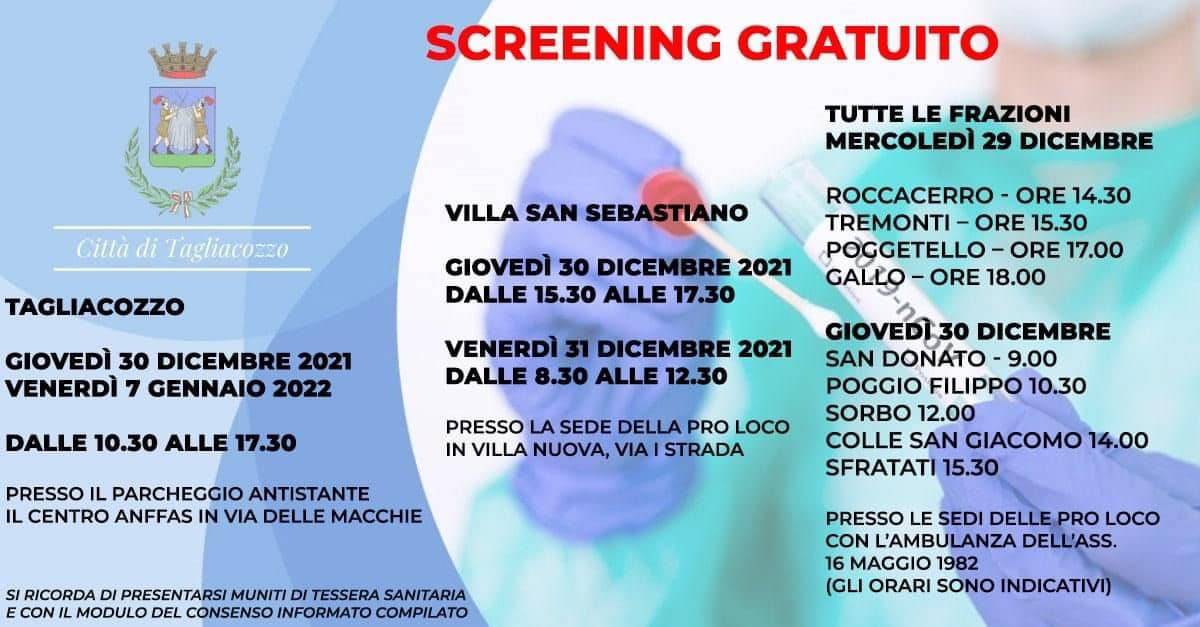 COVID, SCREENING GRATUITO A TAGLIACOZZO: LA CAMPAGNA DEL COMUNE SI ALLARGA A TUTTE LE FRAZIONI
