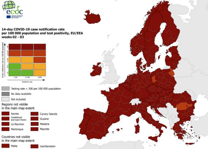 COVID, MAPPA ECDC: MAI COSI’ TANTI TERRITORI IN ROSSO SCURO