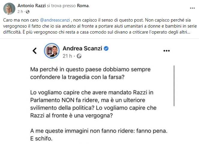UCRAINA, SCONTRO SCANZI-RAZZI: “NON FA RIDERE, E’ UNA VERGOGNA”; “PEGGIO CHI RESTA SUL DIVANO”