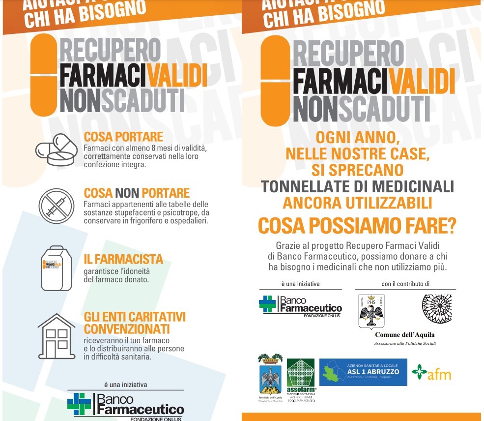 BANCO FARMACEUTICO: A L’AQUILA AL VIA RECUPERO FARMACI VALIDI NON SCADUTI, ECCO DOVE
