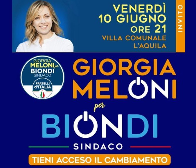 L’AQUILA, GIORGIA MELONI IN CITTA’ A SOSTEGNO DI BIONDI: VENERDI’ EVENTO ALLA VILLA COMUNALE