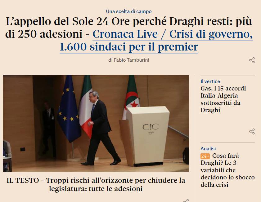 CRISI GOVERNO, IL SOLE 24 ORE LANCIA L’APPELLO: “DRAGHI RESTI”