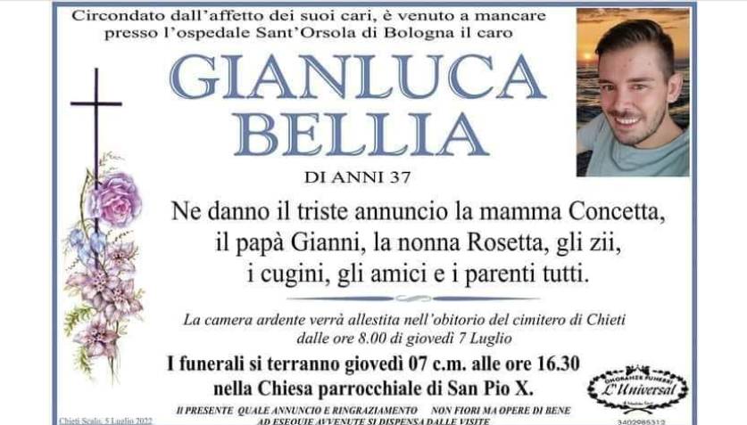 MUORE A 37 ANNI, CHIETI PIANGE LA SCOMPARSA DI GIANLUCA BELLIA. DOMANI I FUNERALI