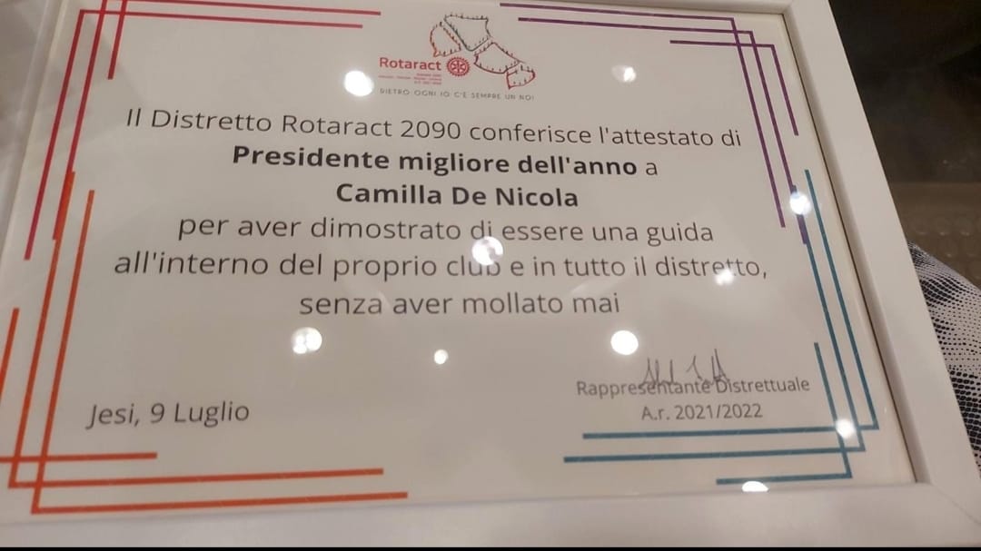 PRESIDENTE ROTARACT DELL’ANNO: PREMIATA L’AQUILANA DE NICOLA