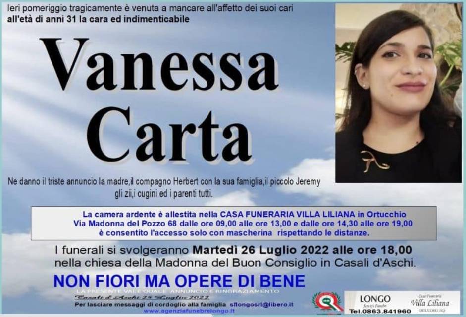 GIOVANE MAMMA MORTA IN INCIDENTE: L’ULTIMO SALUTO A VANESSA CARTA, LUTTO CITTADINO