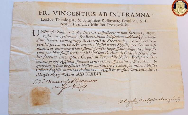 TUTELA PATRIMONIO CULTURALE: ANTICO DOCUMENTO IN LATINO RESTITUITO A CONVENTO STRONCONE