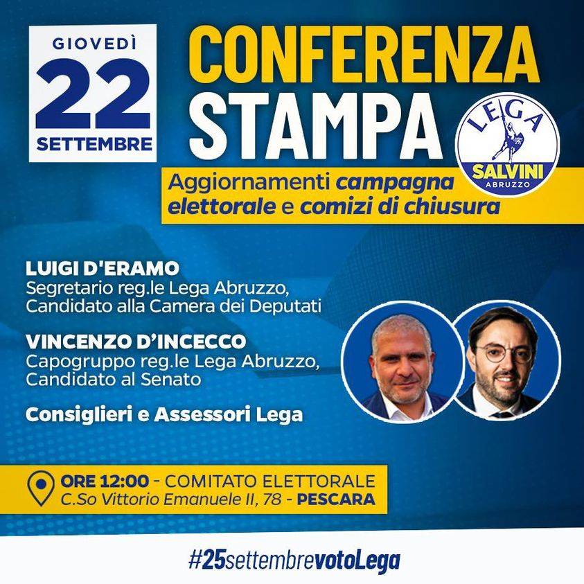 VERSO IL VOTO: CONFERENZA STAMPA DA PESCARA DELLA LEGA, LA DIRETTA