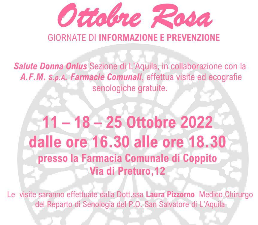 AFM L’AQUILA, “OTTOBRE IN ROSA”: VISITE ED ECOGRAFIE GRATUITE IN FARMACIA