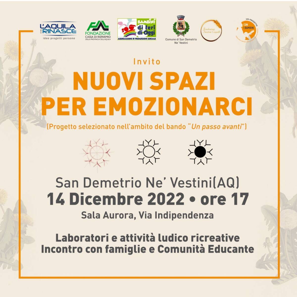 SAN DEMETRIO NE’ VESTINI: DOMANI PRESENTAZIONE LABORATORI LUDICO RICREATIVI