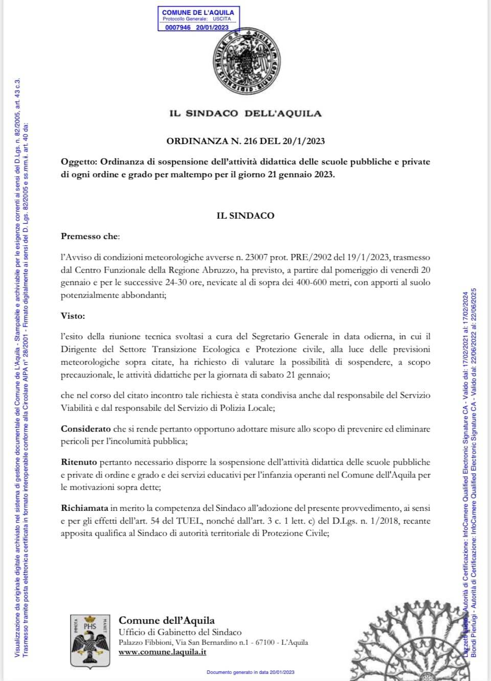 RISCHIO DI UNA FORTE NEVICATA ALL’AQUILA: IL SINDACO BIONDI CHIUDE LE SCUOLE PER DOMANI