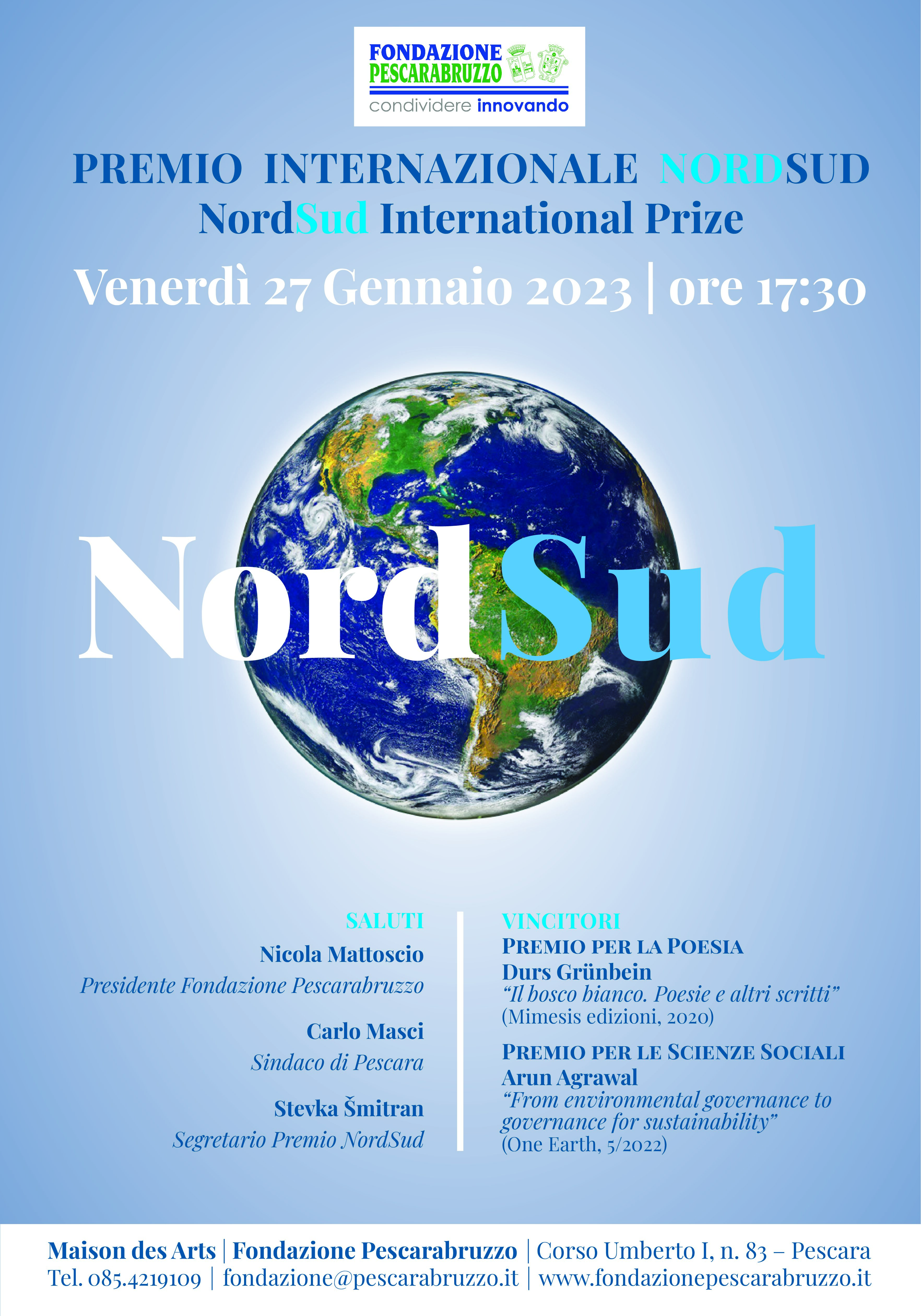 PREMIO INTERNAZIONALE “NORDSUD”  DI LETTERATURA E SCIENZE: PREMIAZIONE IL 27 A PESCARA