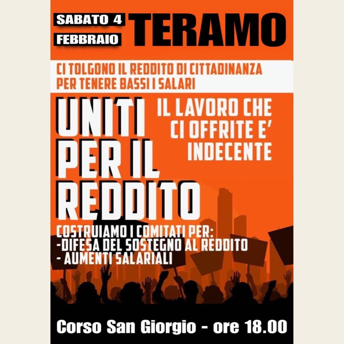 REDDITO DI CITTADINANZA: SABATO PROTESTA DELLA CASA DEL POPOLO A TERAMO CONTRO L’ABOLIZIONE