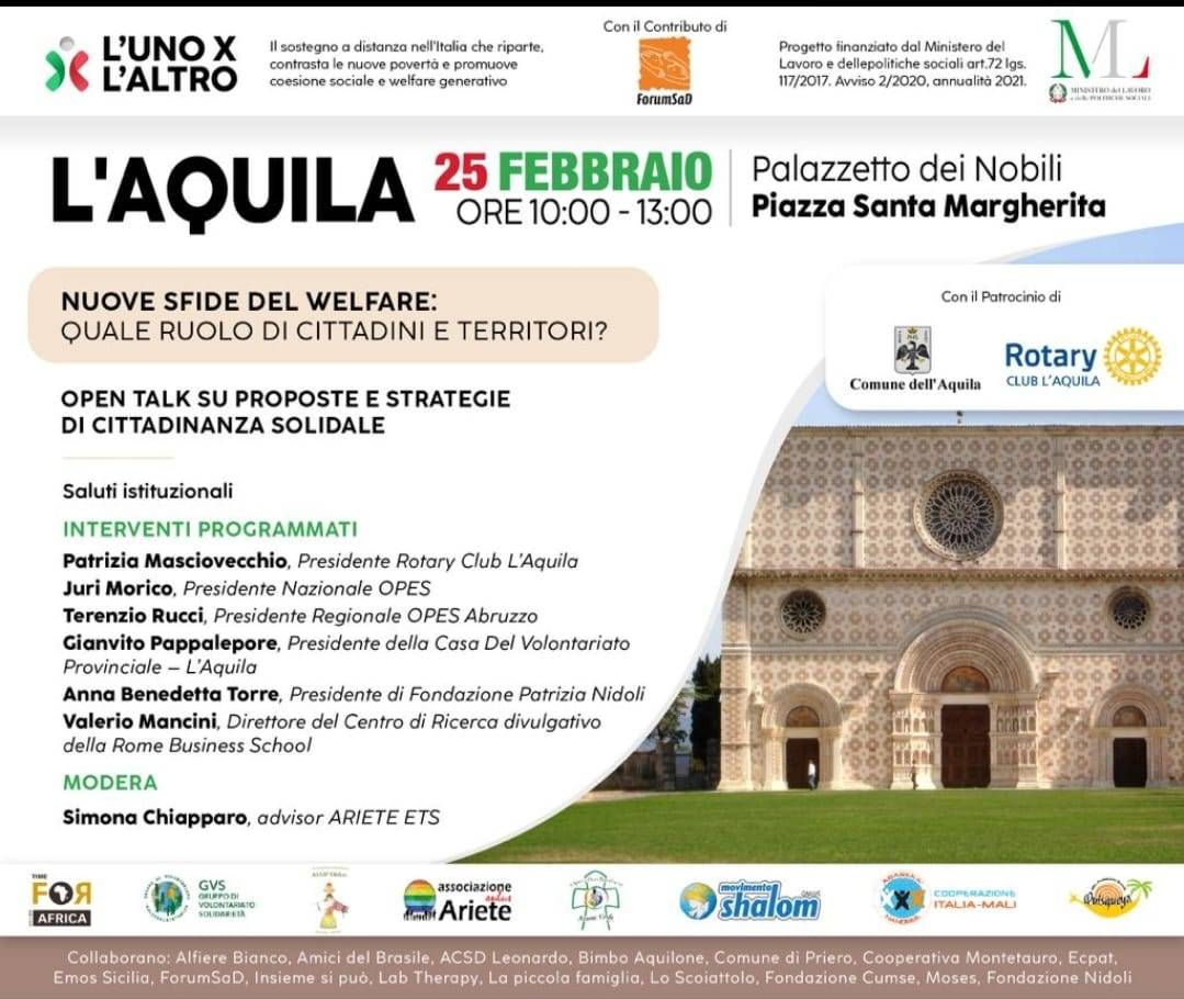“NUOVE SFIDE DEL WELFARE”: DOMANI CONVEGNO ARIETE ETS A L’AQUILA CON PARTECIPAZIONE ROTARY CLUB