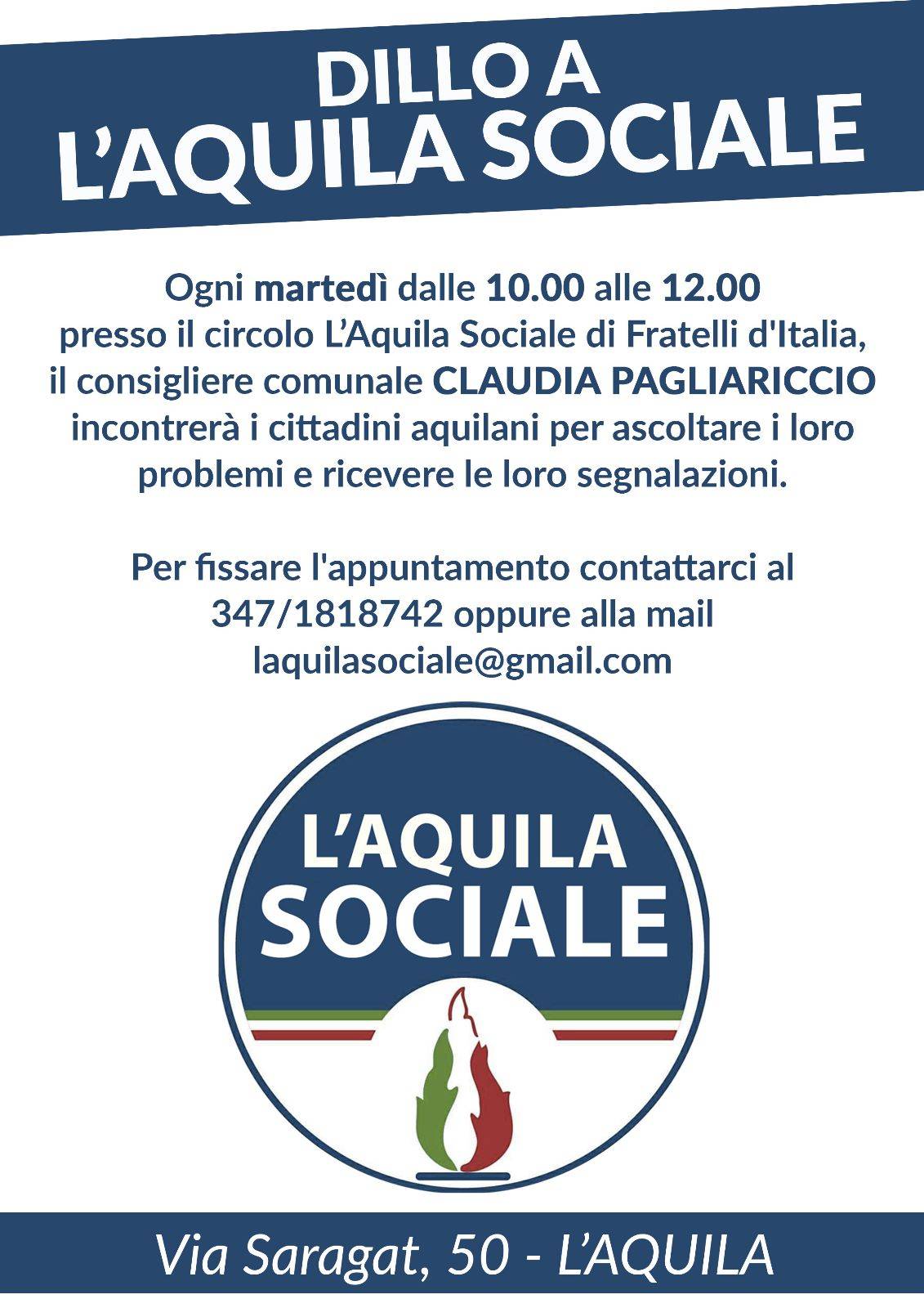 “L’AQUILA SOCIALE”: SPORTELLO DI ASCOLTO CITTADINI OGNI MARTEDI’