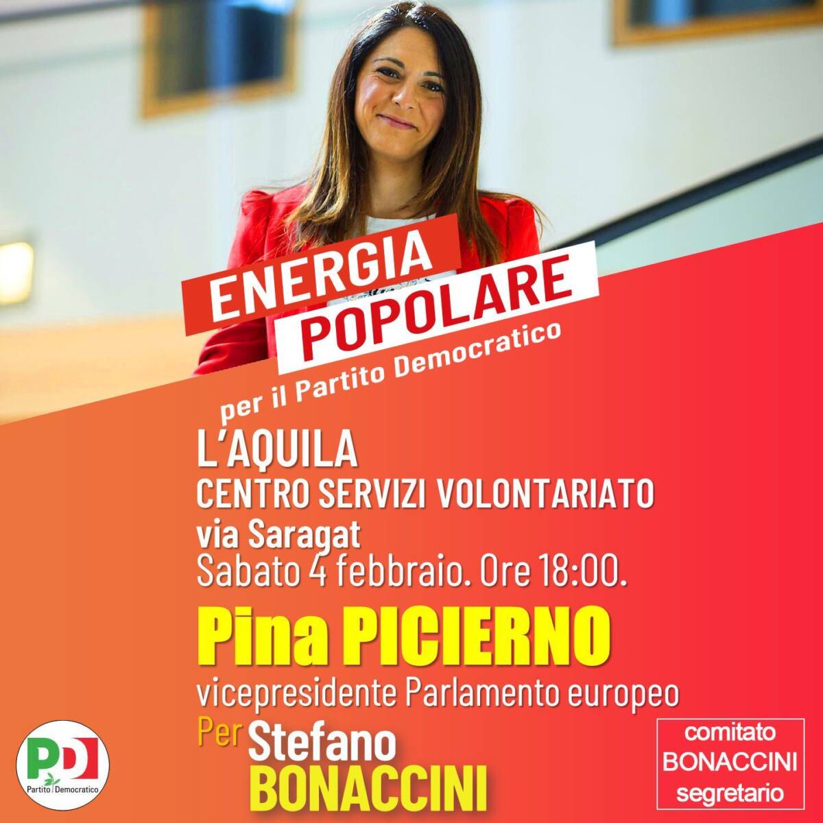 PD: PINA PICIERNO A L’AQUILA A SOSTEGNO DEL CANDIDATO STEFANO BONACCINI, LA DIRETTA