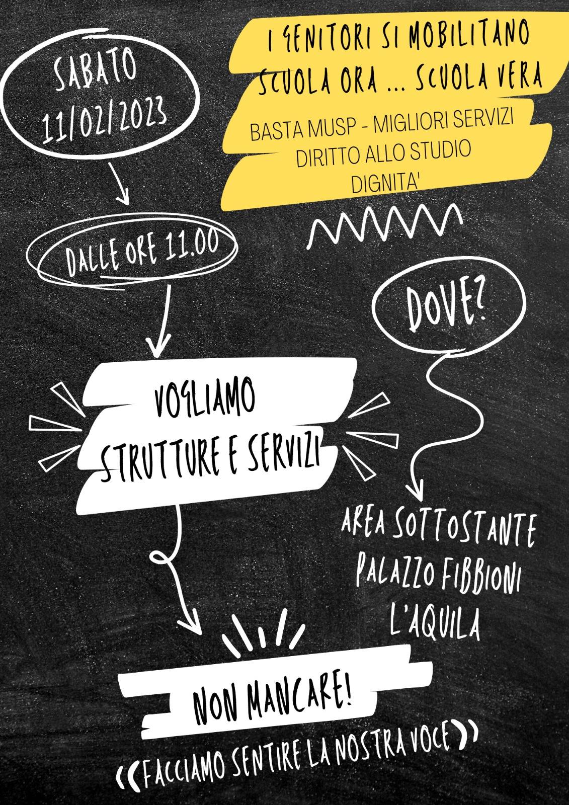 “SCUOLE IN STRUTTURE PROVVISORIE A 14 ANNI DAL SISMA”: SABATO PROTESTA DAVANTI AL COMUNE DELL’AQUILA