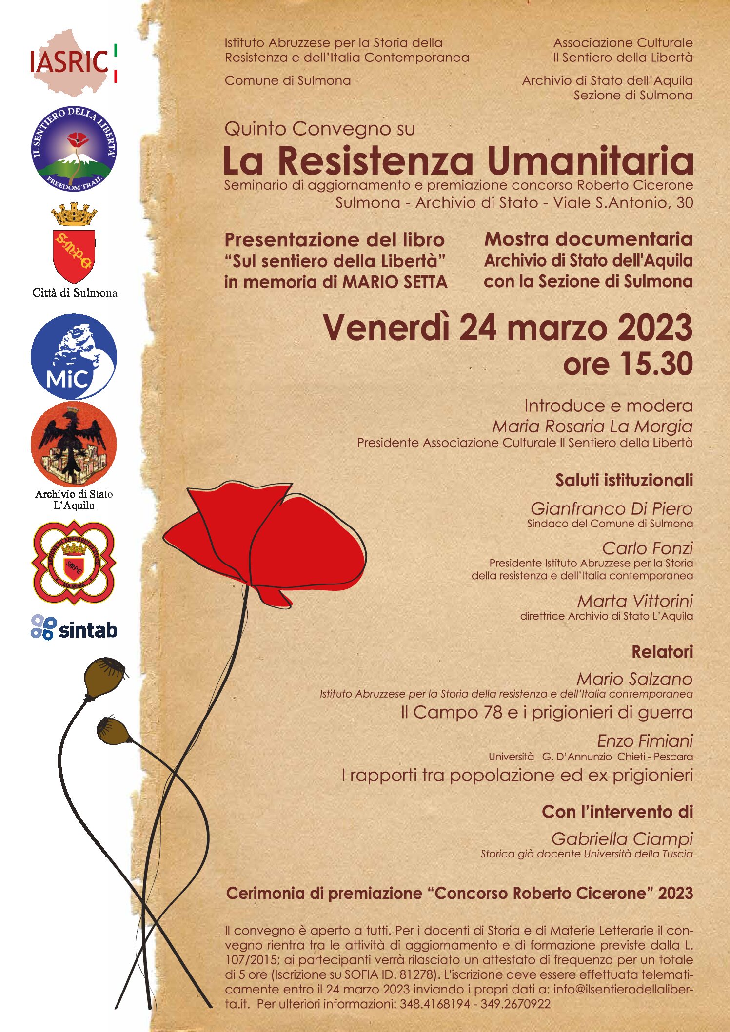 CONVEGNO A SULMONA SULLA RESISTENZA UMANITARIA IL 24 MARZO: TRA I RELATORI LA FIGLIA DI CIAMPI