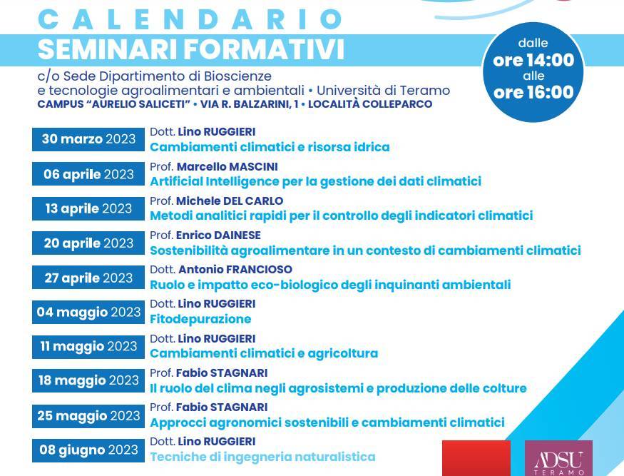 ADSU TERAMO: IL CALENDARIO DEI SEMINARI FORMATIVI DEL PROGETTO STREAM