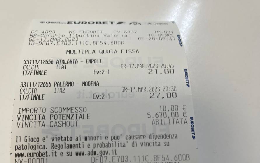 CERCHIO: PUNTA SUL DOPPIO “RIBALTONE” E VINCE OLTRE 5MILA EURO