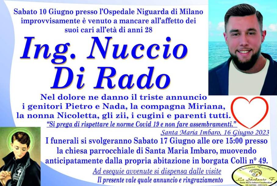 SANTA MARIA IMBARO: DOMANI L’ULTIMO SALUTO A NUCCIO DI RADO