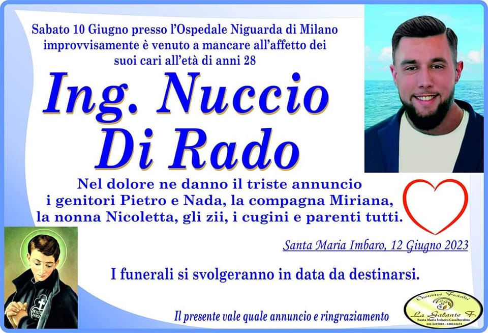 LUTTO A SANTA MARIA IMBARO: ADDIO A NUCCIO DI RADO, GIOVANE INGEGNERE MORTO A MILANO A 28 ANNI