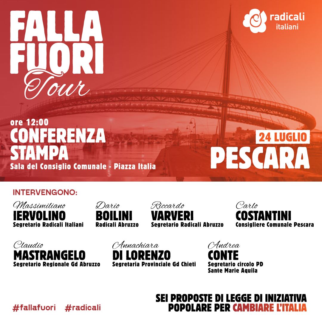RADICALI ITALIANI: DOMANI A PESCARA RACCOLTA FIRME E PER 6 PROPOSTE DI LEGGE